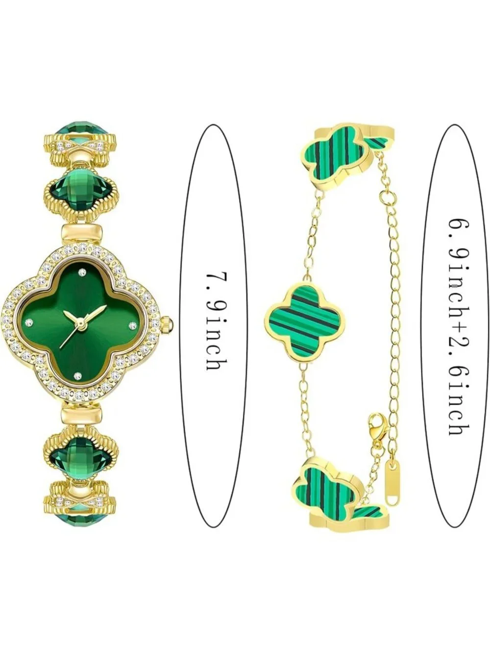 Women's Green Gold Lucky Clover Flower Design Four Leaf Bracelet Set Wrist Watch